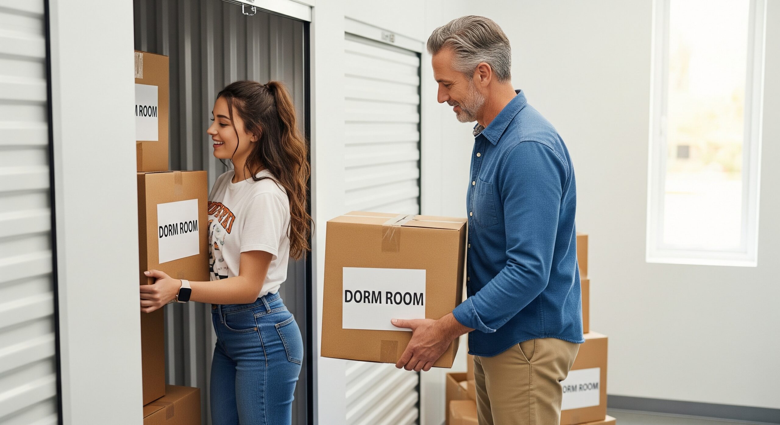 A clean, modern, and well-lit self-storage unit filled with neatly stacked boxes