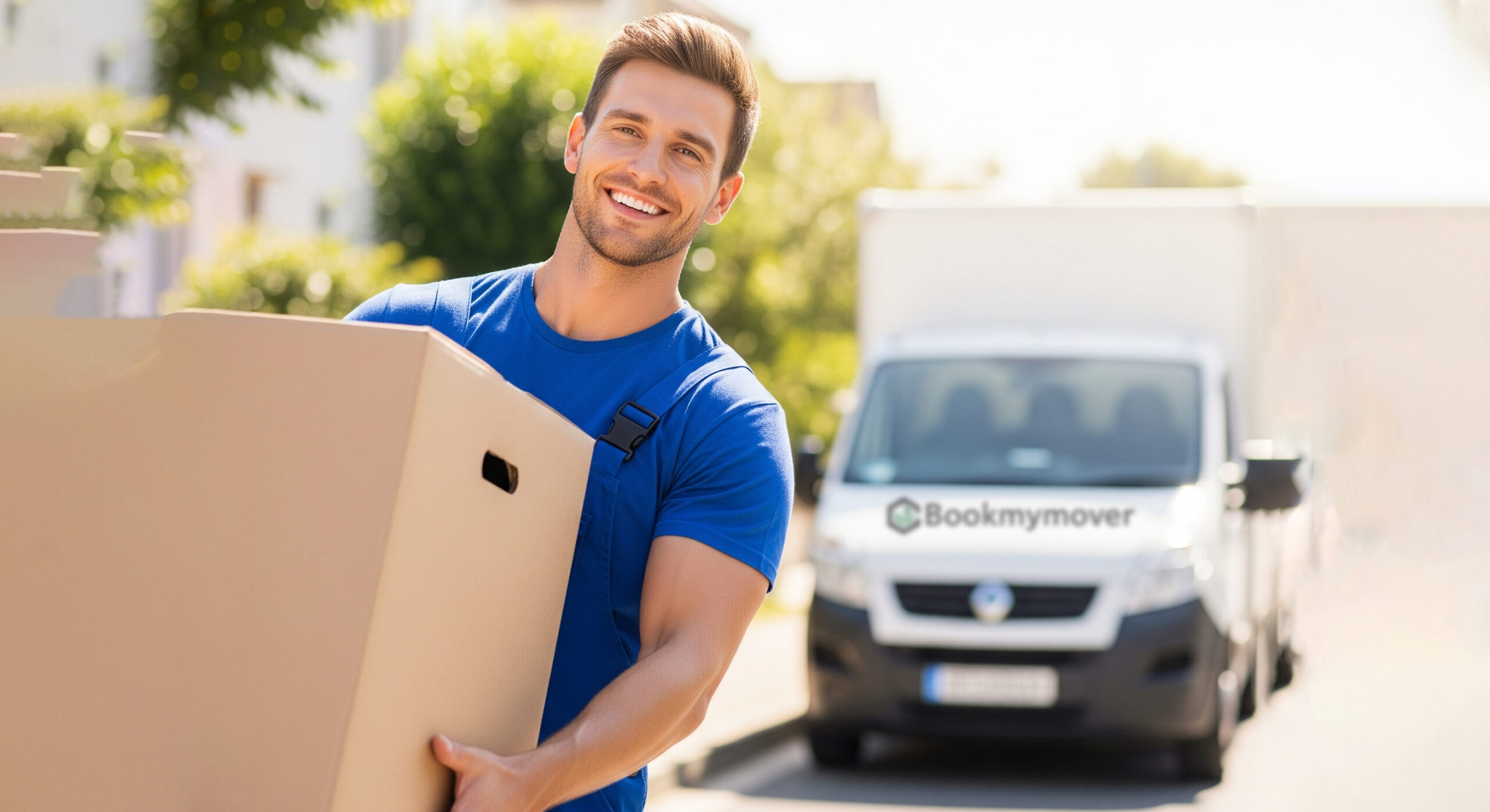 A friendly mover in uniform smiling while carrying a box, representing an efficient man and van service