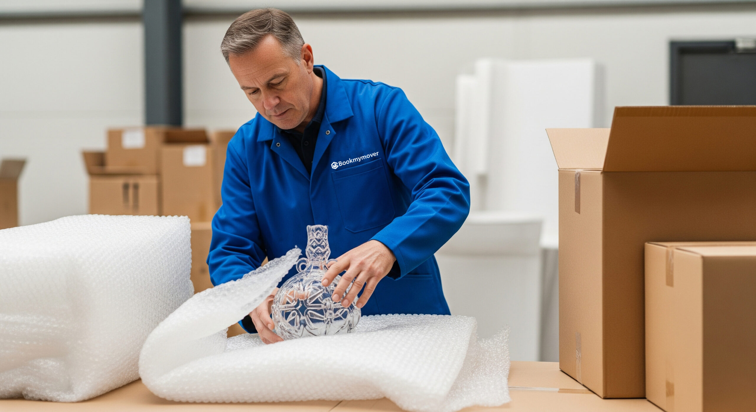 Close-up of a mover's hands carefully packing a fragile ceramic vase into a box with bubble wrap