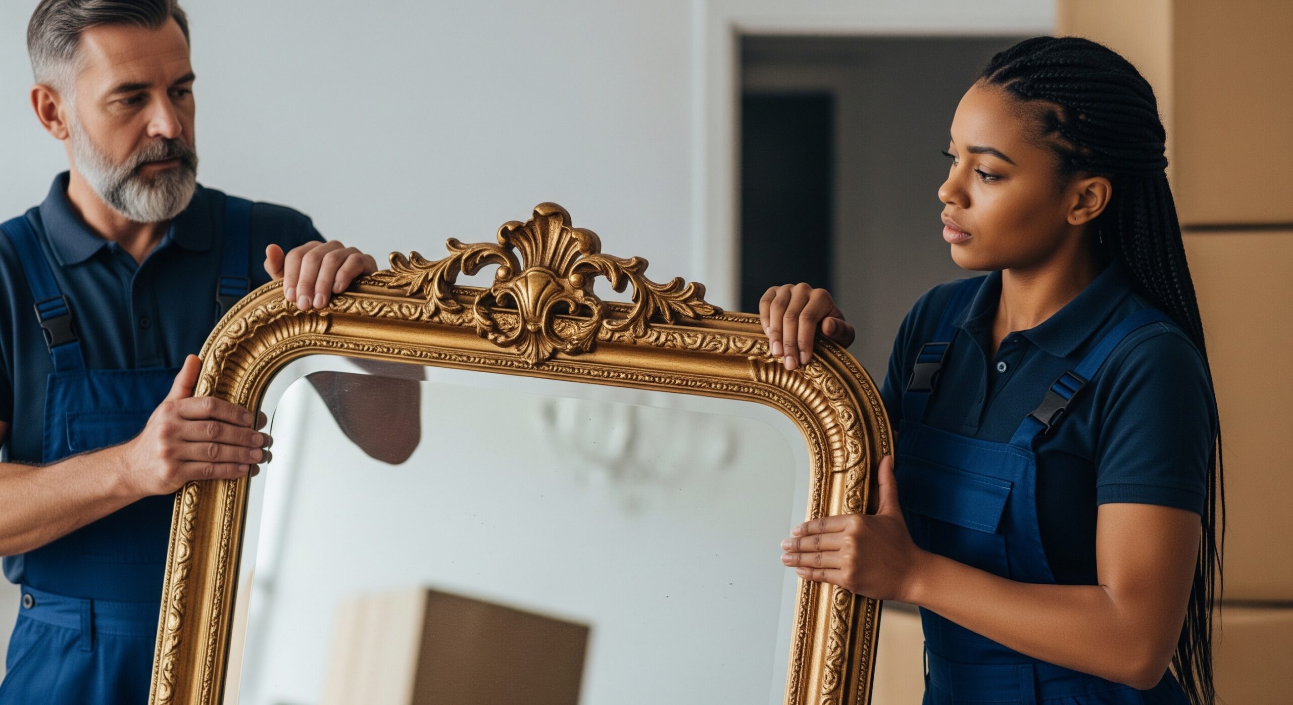 Two expert movers carefully maneuvering a grand piano, showcasing specialized moving services.